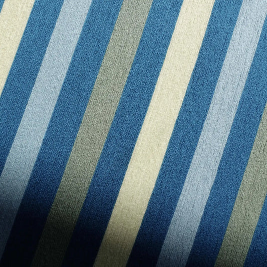 Macro view of Blue Night RE003 textile art showing tightly hand-wrapped yarn texture and layered vertical blue stripe fibers.