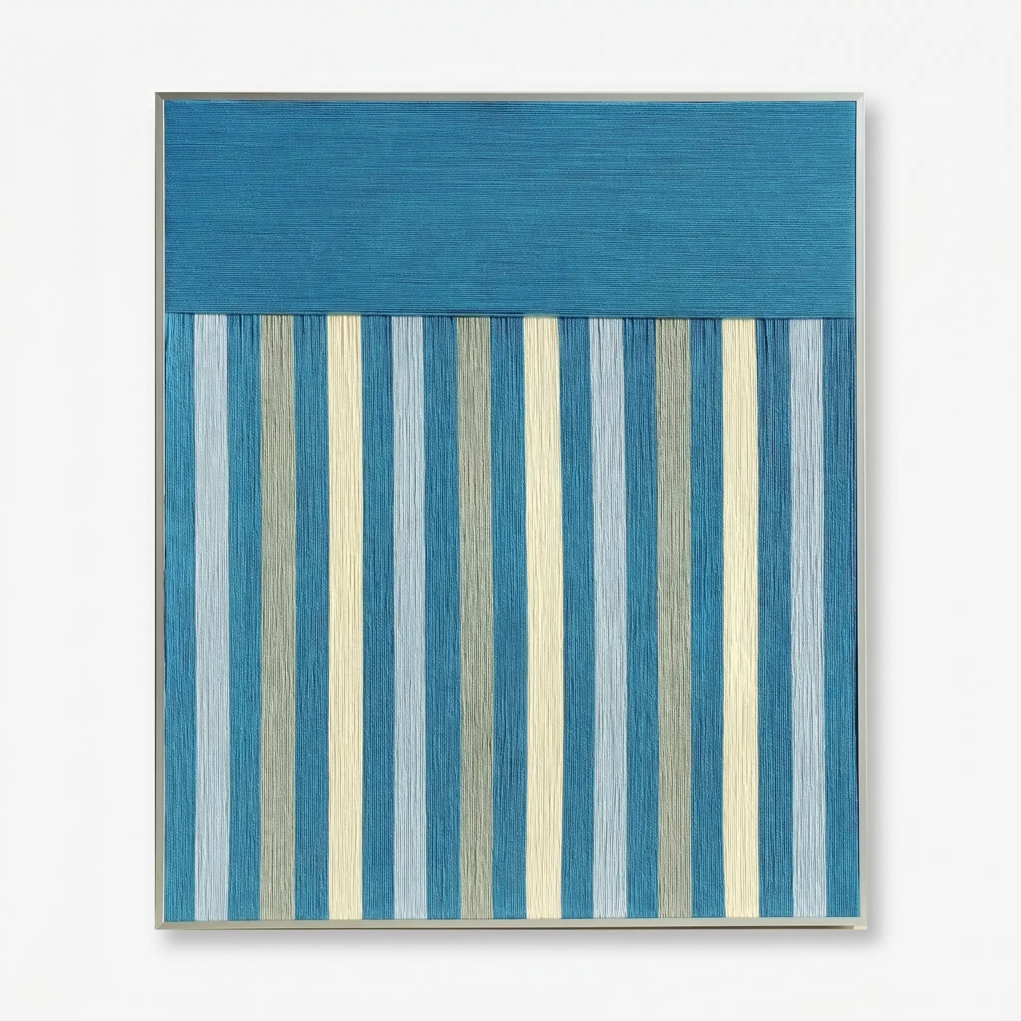 Front view of Blue Night RE003 teal and blue striped textile wall art in a sleek frame on a white background.