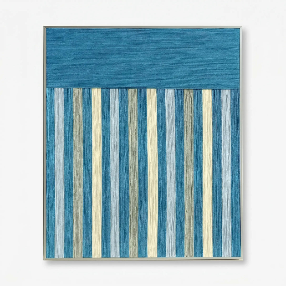 Front view of Blue Night RE003 teal and blue striped textile wall art in a sleek frame on a white background.