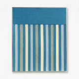 Front view of Blue Night RE003 teal and blue striped textile wall art in a sleek frame on a white background.