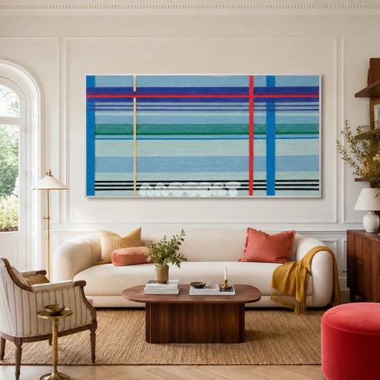 Summer Story RE004 framed textile art with sunshine yellow and violet geometric yarn blocks displayed in a bright modern interior.