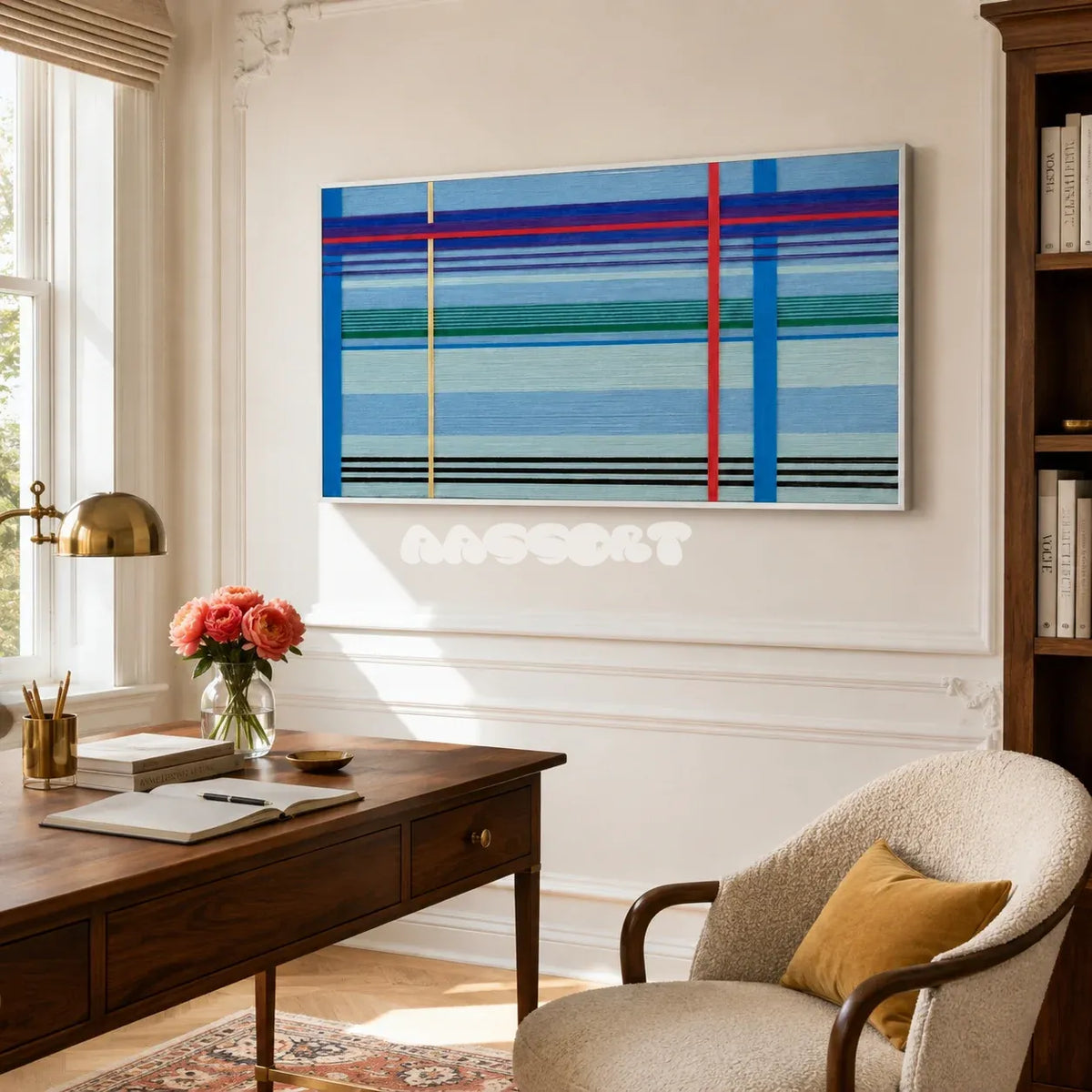Summer Story RE004 framed fiber artwork featuring a sunny yellow lattice pattern and soft violet accents in a modern interior.