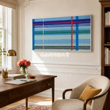 Summer Story RE004 framed fiber artwork featuring a sunny yellow lattice pattern and soft violet accents in a modern interior.