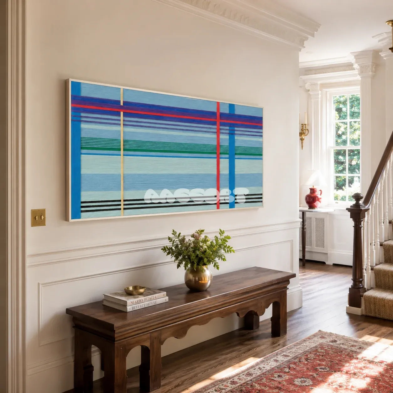 Summer Story RE004 abstract textile artwork with cheerful yellow bands and violet squares presented in a stylish interior.