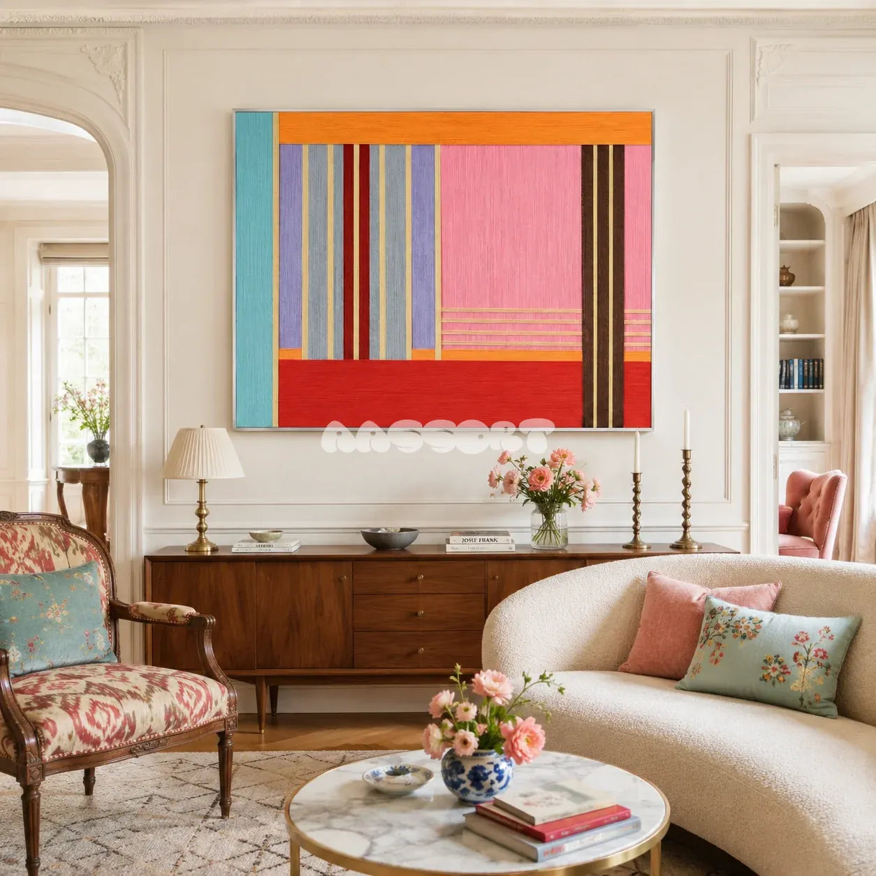 Rainbow Hearts RE005 framed textile art with vibrant red, aqua, lavender, and gray geometric yarn bands displayed in a colorful modern interior.