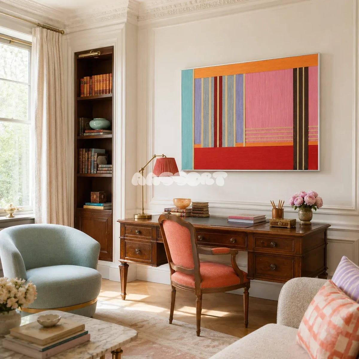 Rainbow Hearts RE005 colorful geometric textile wall art styled as a joyful focal point in a contemporary living space.