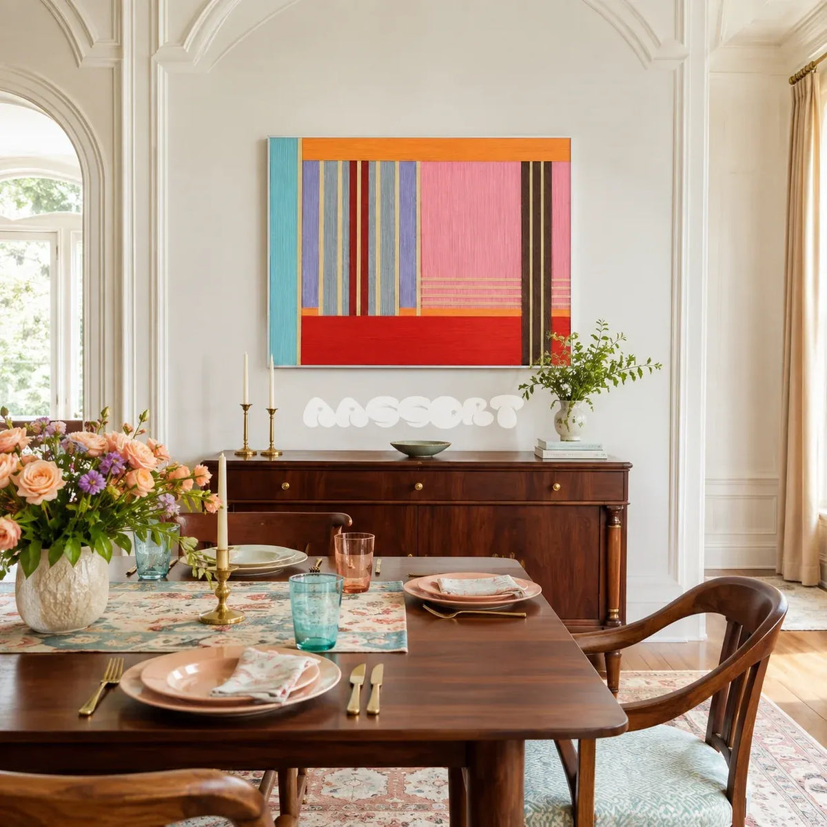 Rainbow Hearts RE005 framed fiber artwork featuring layered red, teal, lavender, and gray yarn blocks in a modern interior.