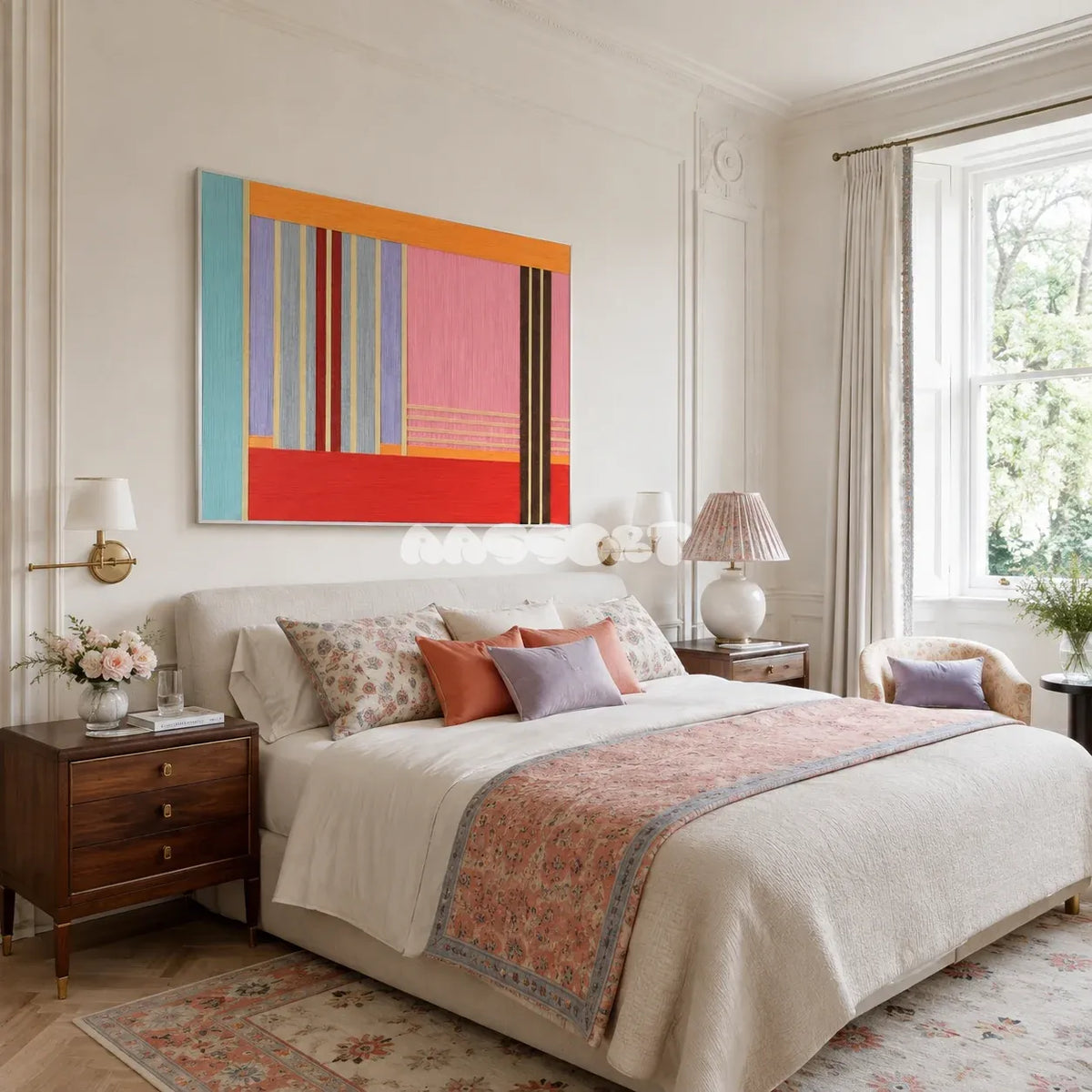 Rainbow Hearts RE005 abstract textile artwork with rhythmic colorful bands presented in a stylish contemporary room.