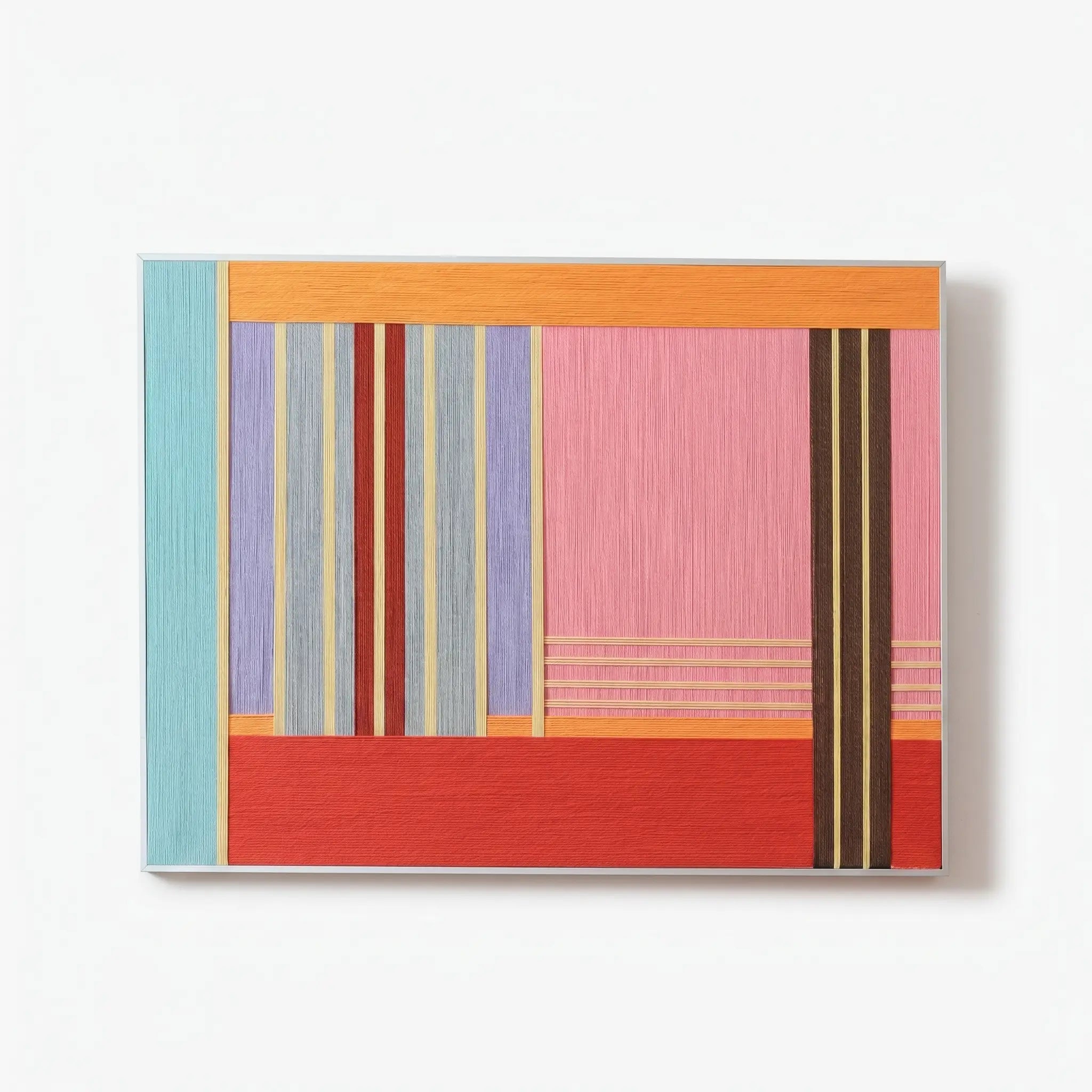 Front view of Rainbow Hearts RE005 colorful geometric textile wall art in a clean frame on a white background.