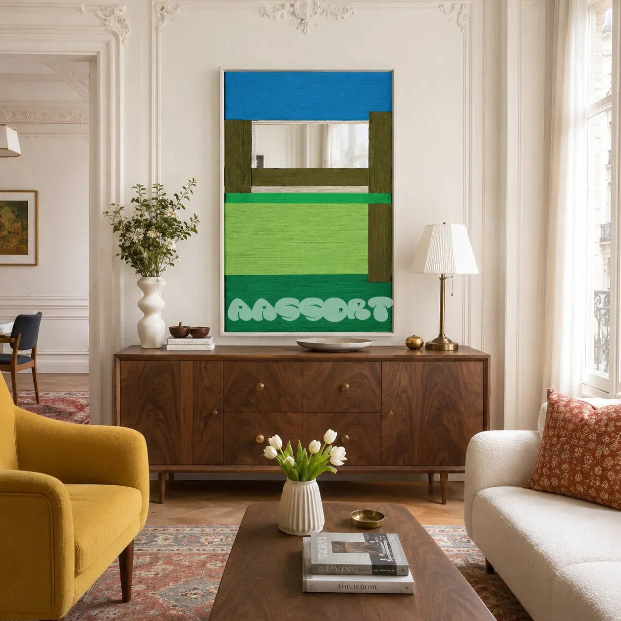 Riverside RE006 framed textile mirror art with sky blue and layered green soft cotton cord displayed in a modern interior.