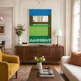 Riverside RE006 framed textile mirror art with sky blue and layered green soft cotton cord displayed in a modern interior.