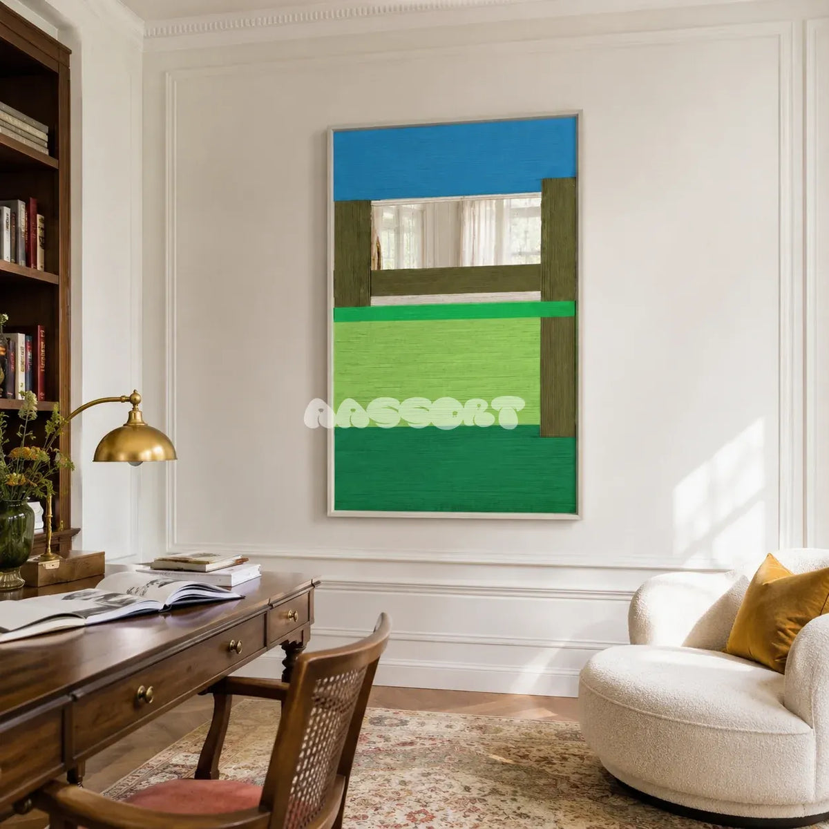 Riverside RE006 blue and green textile mirror wall art styled as a functional focal point in a contemporary room.