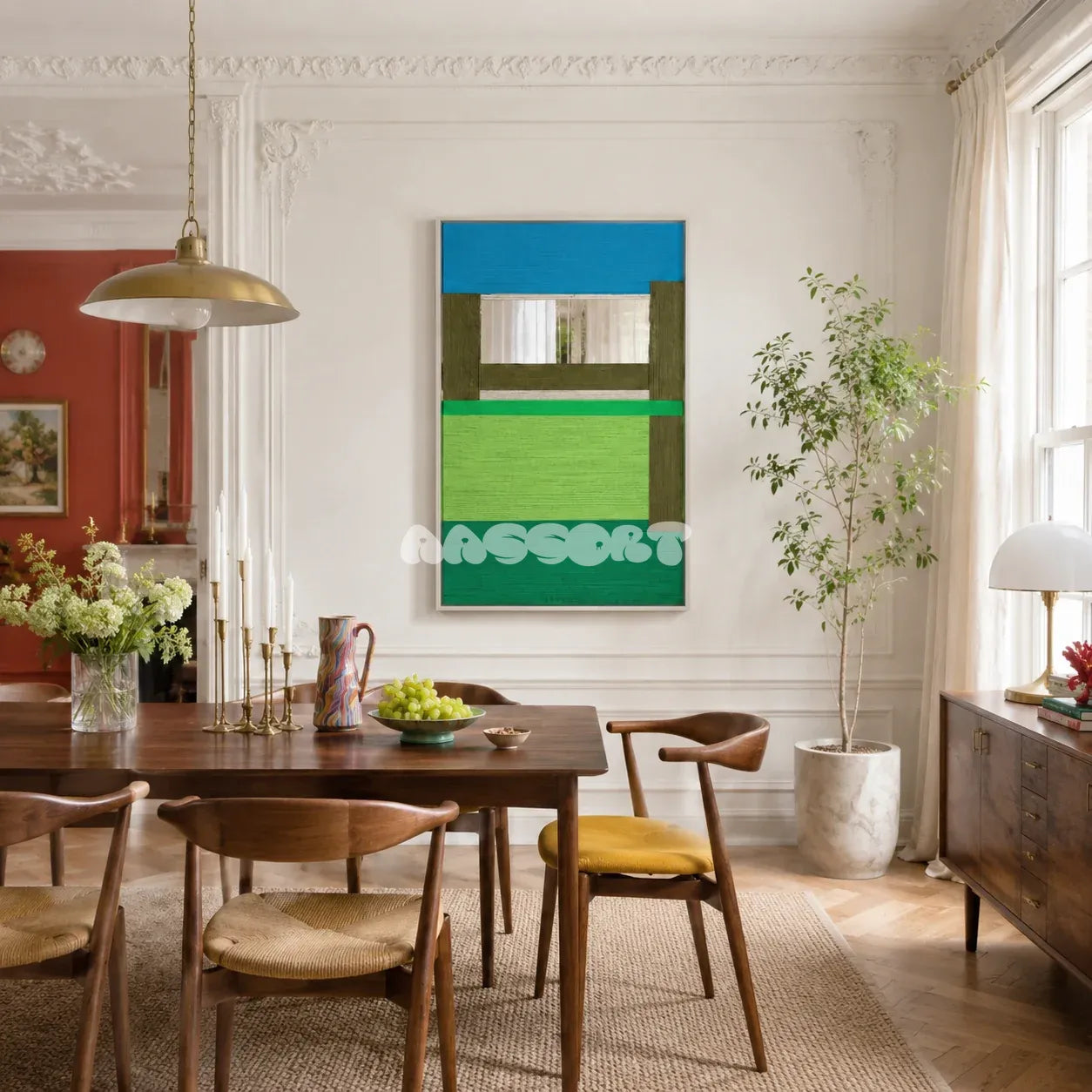 Riverside RE006 abstract textile mirror artwork with layered blue and green bands presented in a stylish contemporary space.