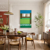 Riverside RE006 abstract textile mirror artwork with layered blue and green bands presented in a stylish contemporary space.