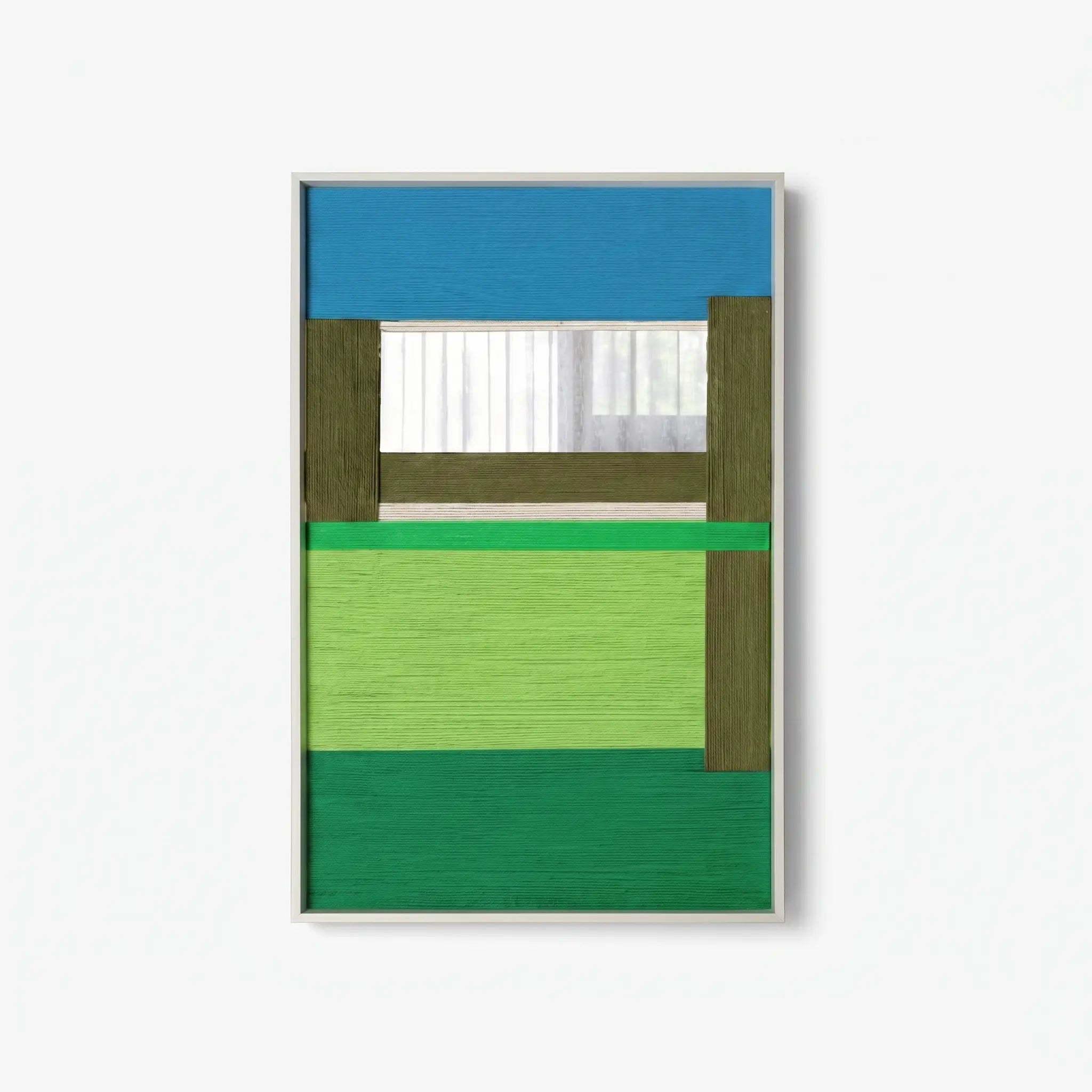 Front view of Riverside RE006 blue and green textile mirror wall art in a sleek frame on a white background.