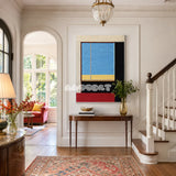 After the Beach Walk RE007 colorful geometric textile wall art styled as a warm coastal focal point in a contemporary room.