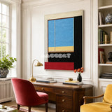 After the Beach Walk RE007 abstract textile artwork with rhythmic warm and cool color blocks presented in a stylish interior.