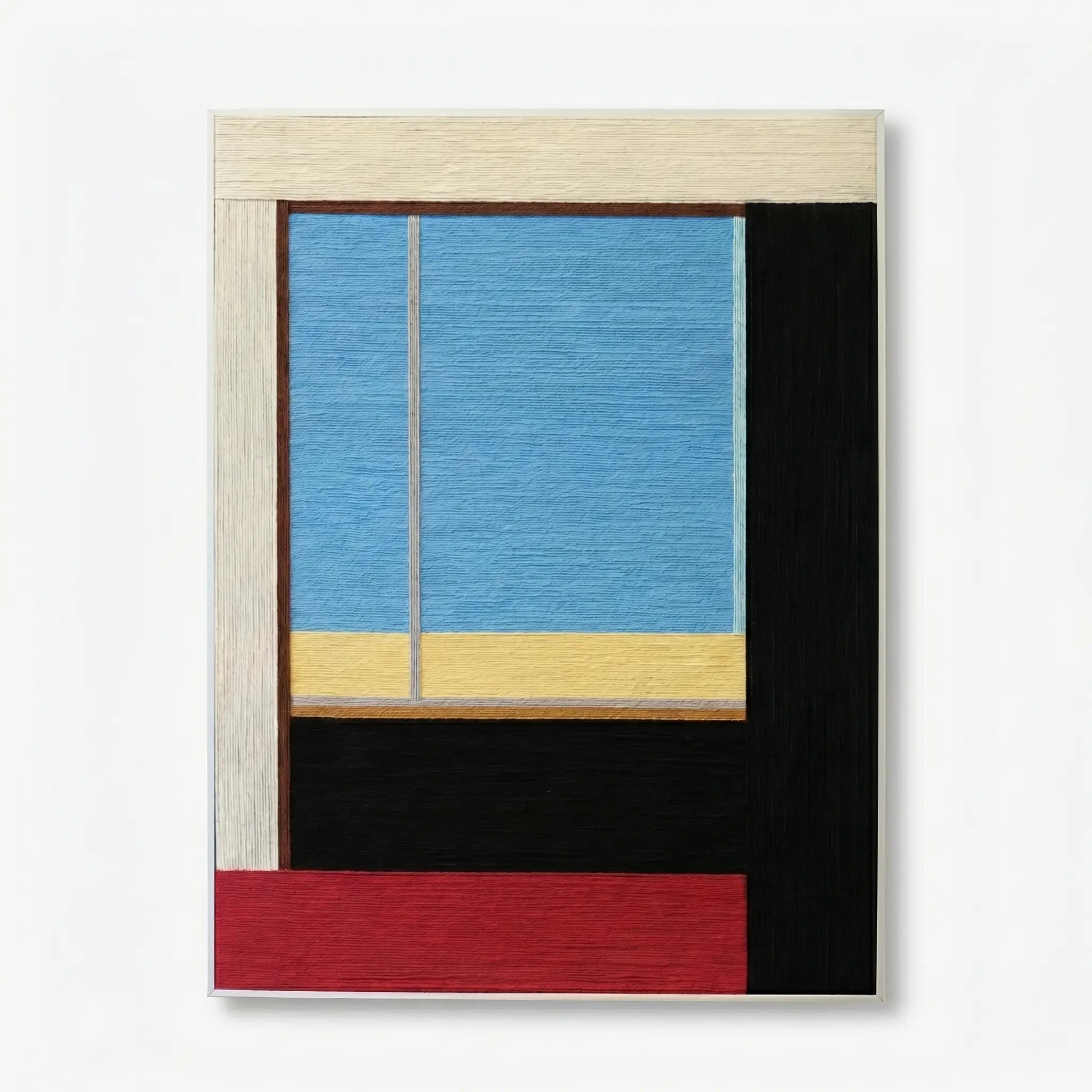 Front view of After the Beach Walk RE007 colorful geometric textile wall art in a sleek frame on a white background.