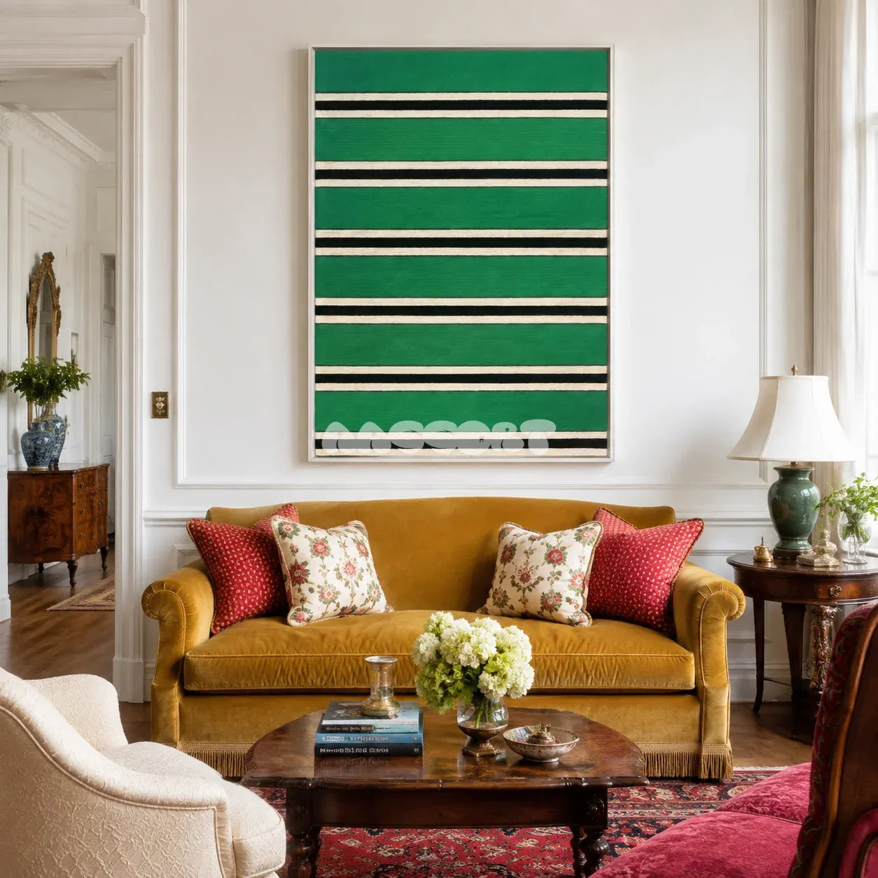 Through the Misty Forest RE008 framed textile art with forest green, black, cream yarn, and a botanical focal point displayed in a modern interior.