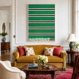 Through the Misty Forest RE008 framed textile art with forest green, black, cream yarn, and a botanical focal point displayed in a modern interior.