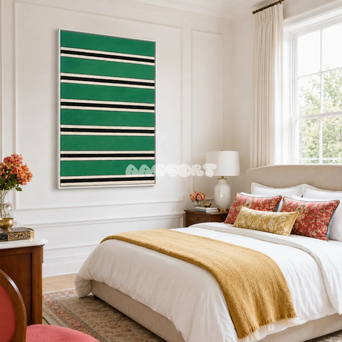 Through the Misty Forest RE008 green botanical textile wall art styled as an organic focal point in a contemporary room.