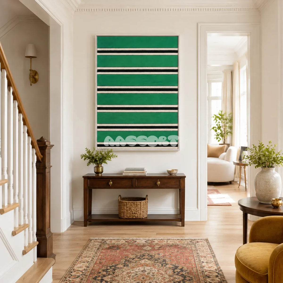 Through the Misty Forest RE008 framed fiber artwork featuring deep green, black, and pale cream geometric bands in a modern interior.