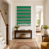 Through the Misty Forest RE008 framed fiber artwork featuring deep green, black, and pale cream geometric bands in a modern interior.