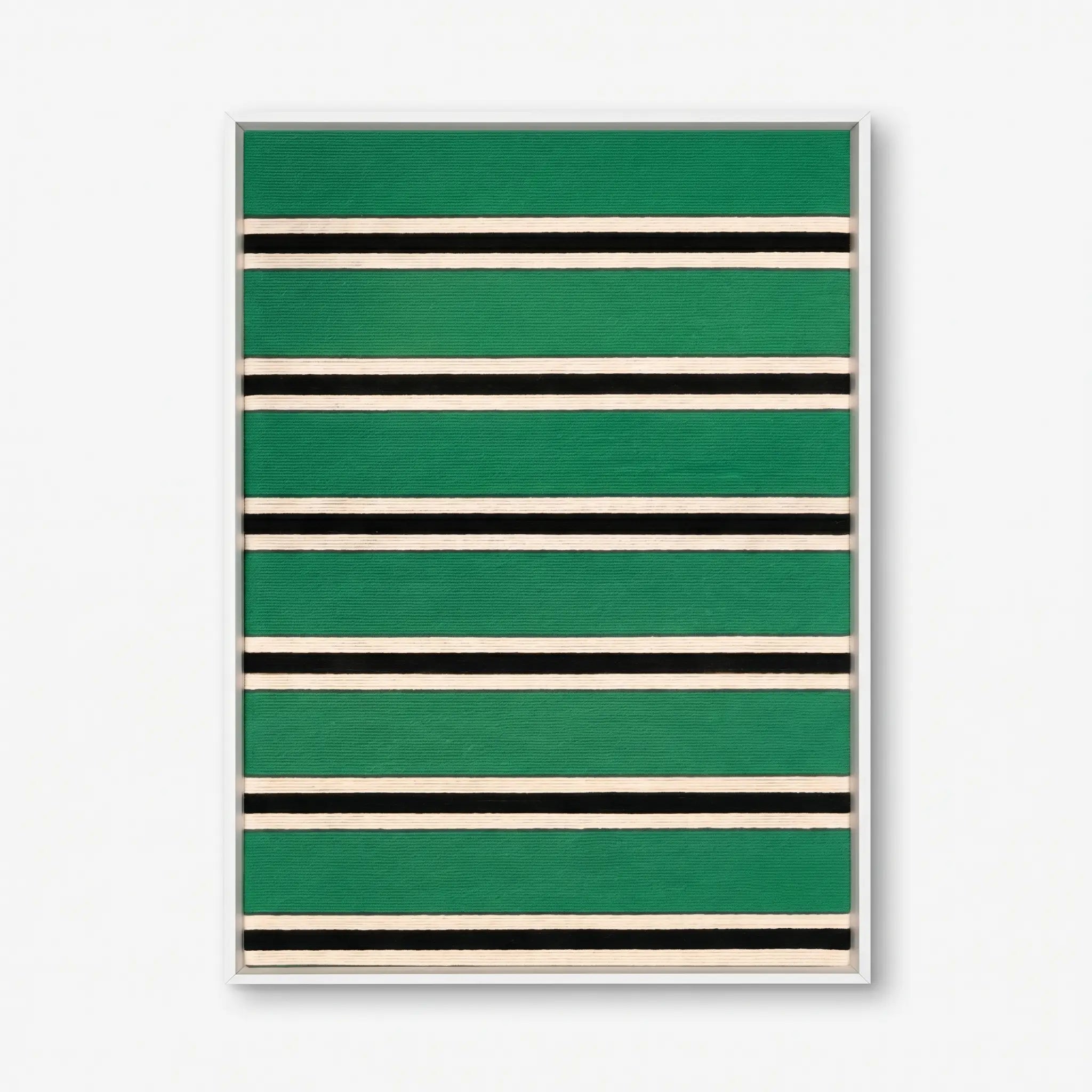 Front view of Through the Misty Forest RE008 green botanical textile wall art in a sleek frame on a white background.