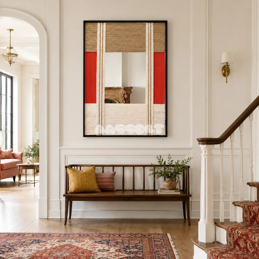 The Sun Always Rises RE009 framed textile mirror art with sky blue, yellow, black, red, and white yarn blocks displayed in a modern interior.