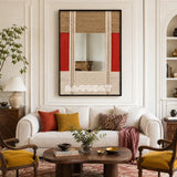 The Sun Always Rises RE009 framed fiber mirror artwork featuring sky blue, sunshine yellow, black, red, and white geometric forms.