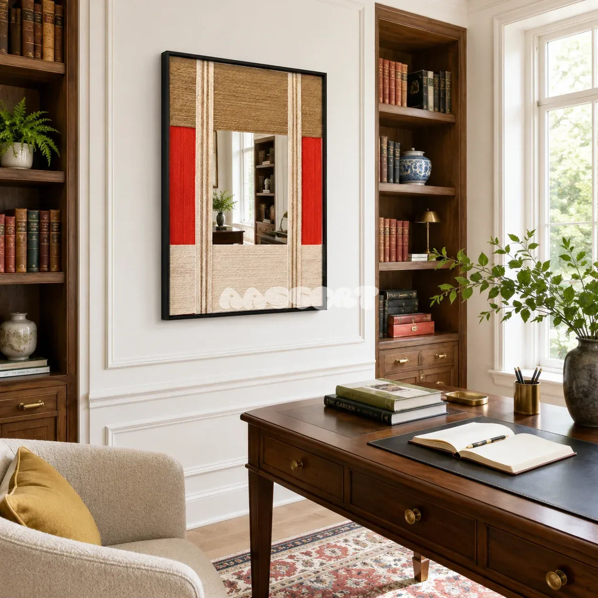The Sun Always Rises RE009 soft cotton cord mirror art displayed in a bright modern home setting.