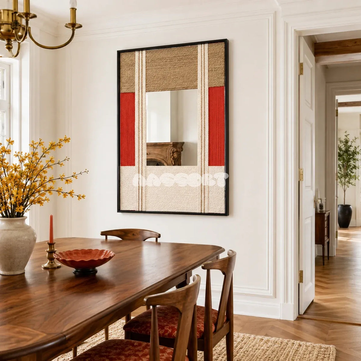 The Sun Always Rises RE009 abstract textile mirror artwork with optimistic color blocking presented in a stylish interior.