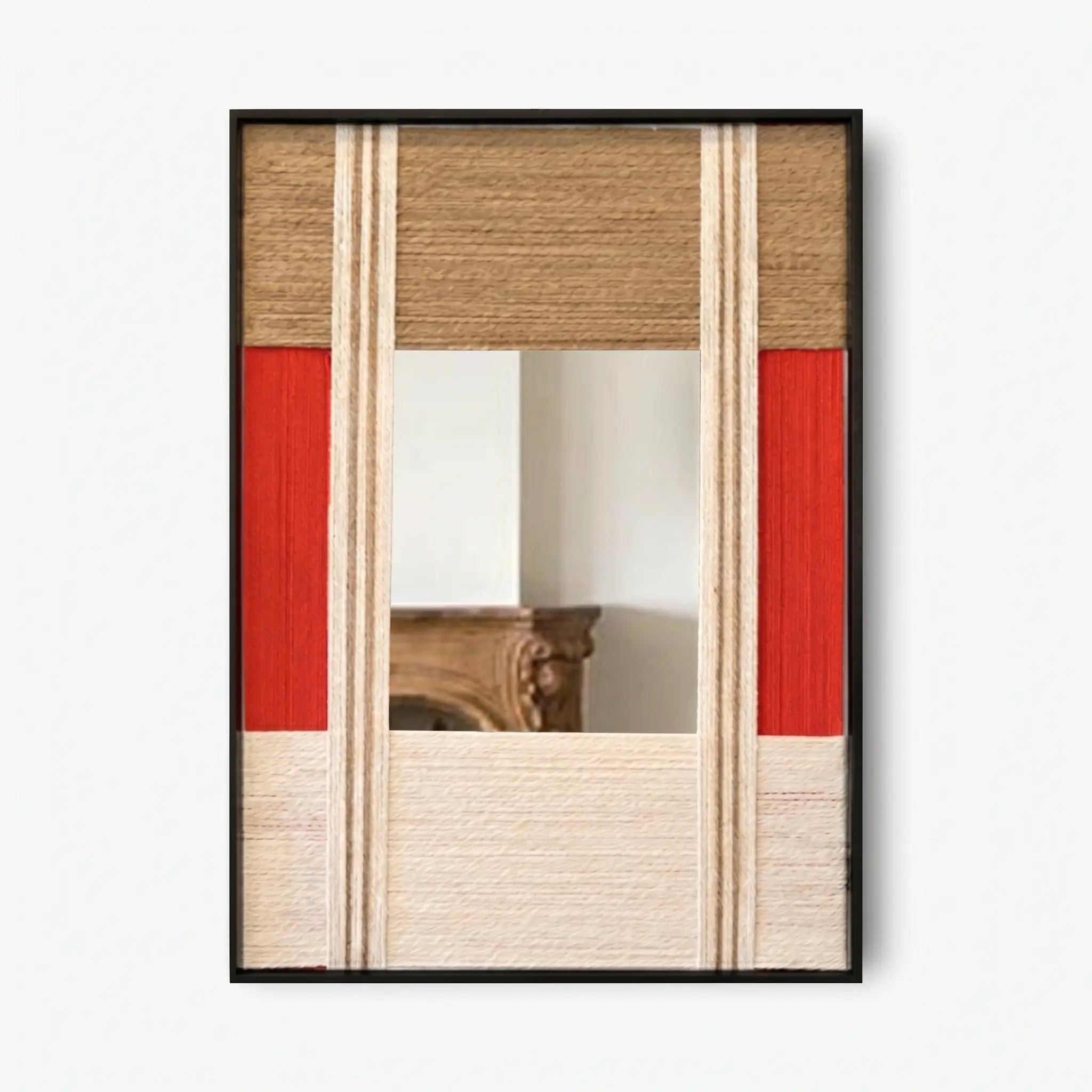 Front view of The Sun Always Rises RE009 colorful geometric textile mirror art in a sleek frame on a white background.
