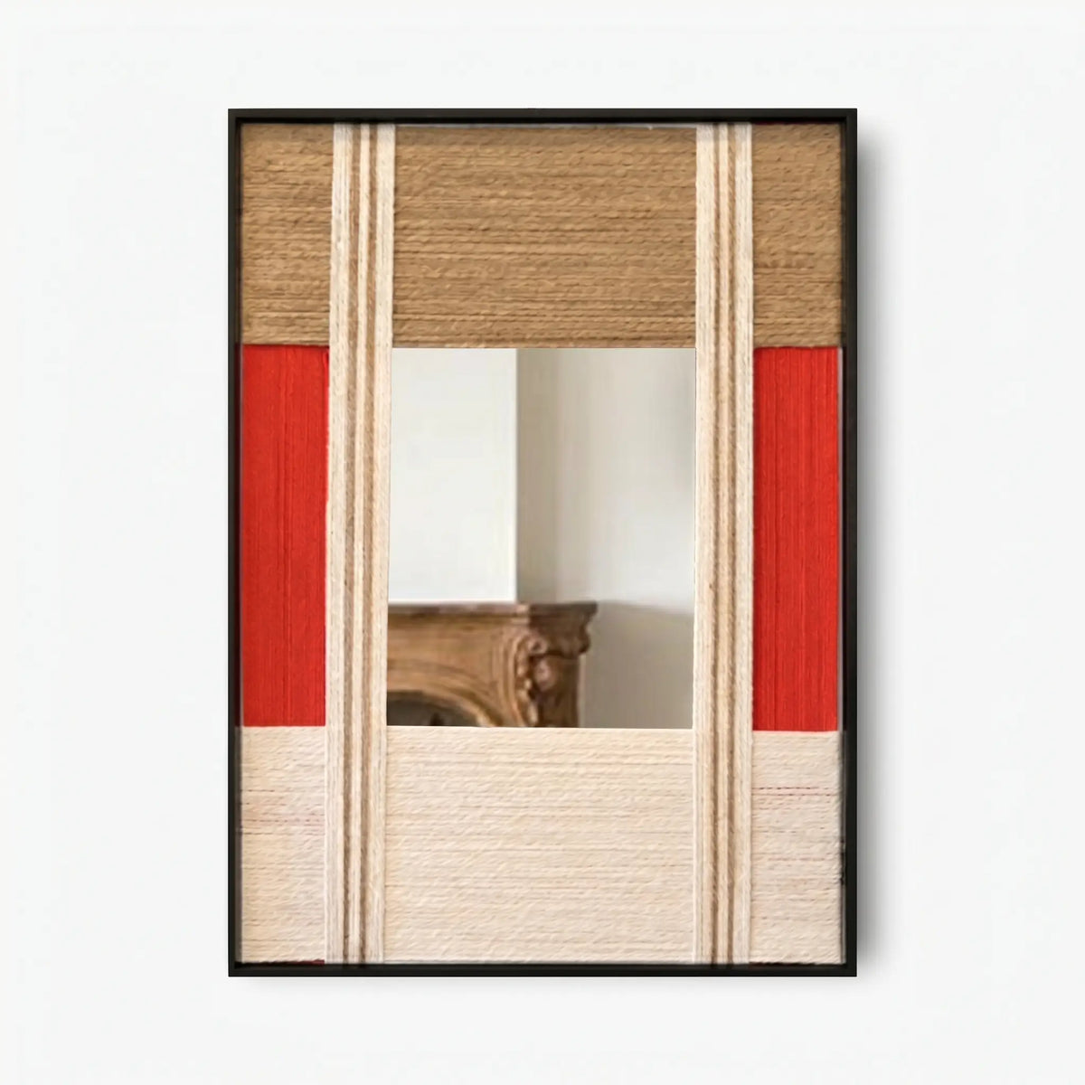 Front view of The Sun Always Rises RE009 colorful geometric textile mirror art in a sleek frame on a white background.