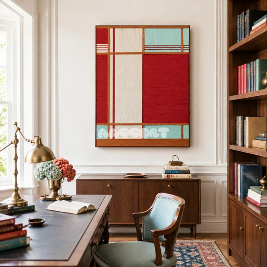 Red House RE011 framed textile art with deep crimson red, off-white, aqua blue, and orange-brown geometric yarn blocks displayed in a modern interior.