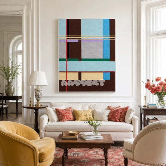 City Rhythms RE012 framed textile art with light blue, gray, dark brown, red, gold, purple, and green yarn lines displayed in a modern interior.