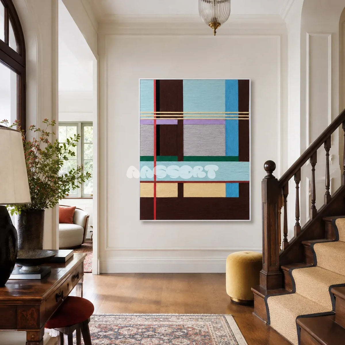 City Rhythms RE012 framed fiber artwork featuring an architectural grid of blue, gray, brown, red, gold, purple, and green yarn.