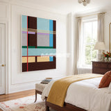 City Rhythms RE012 abstract textile artwork with layered geometric lines presented in a stylish contemporary interior.