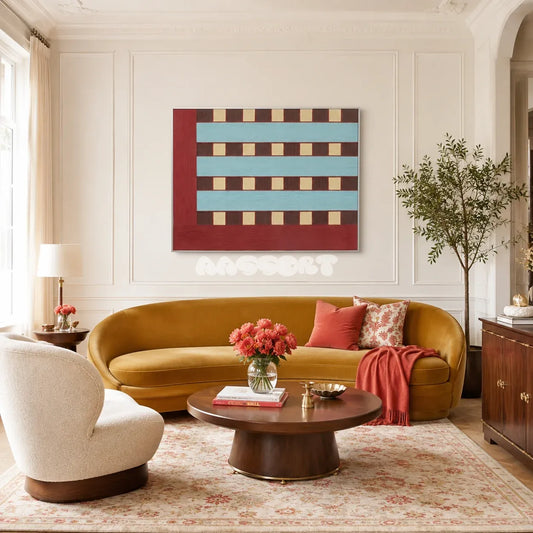 Malèna: A Sicilian Beauty RE013 framed textile art with burgundy red, light blue, cream, and dark brown yarn displayed in a Mediterranean interior.
