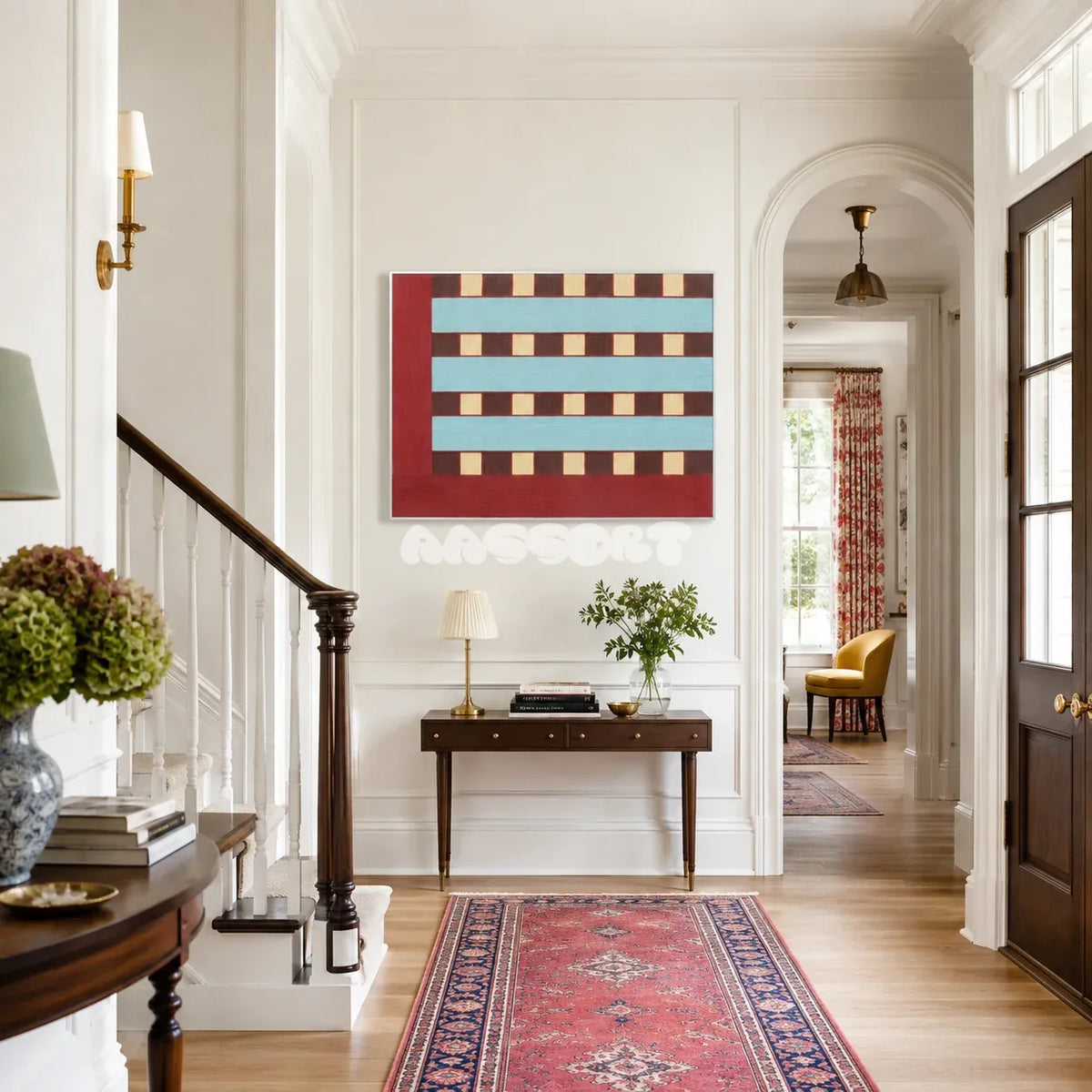 Malèna: A Sicilian Beauty RE013 framed fiber artwork featuring burgundy, blue, cream, and brown geometric yarn patterns in a modern interior.