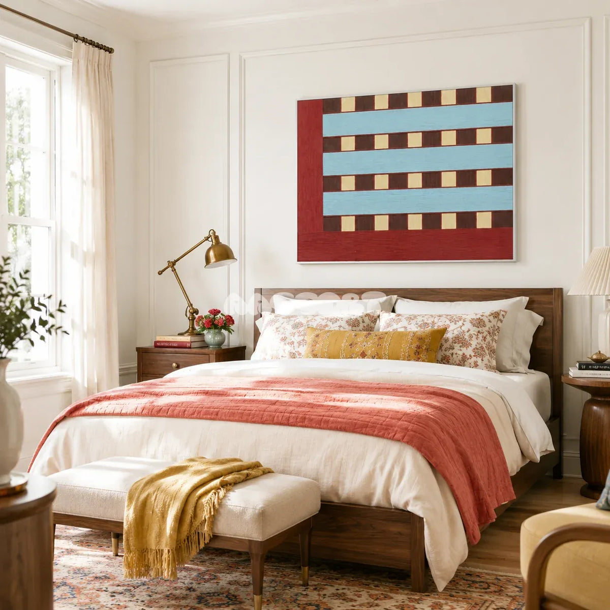 Malèna: A Sicilian Beauty RE013 abstract textile artwork with bold burgundy borders and cool blue bands presented in a stylish interior.
