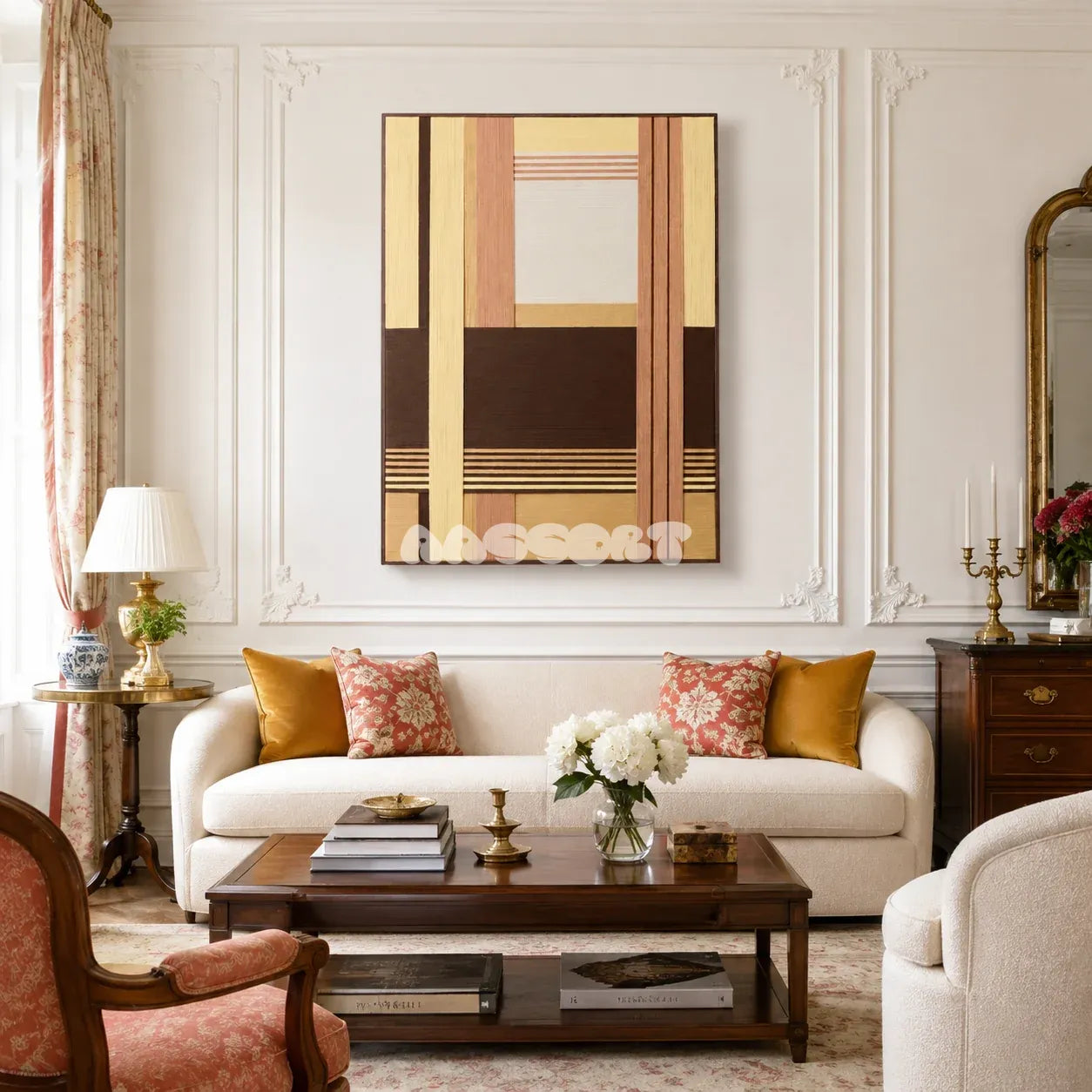 Rohmer RE014 framed textile art with dark brown, creamy yellow, blush tan, and cream geometric yarn layers displayed in a mid-century interior.