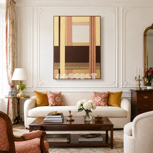 Rohmer RE014 framed textile art with dark brown, creamy yellow, blush tan, and cream geometric yarn layers displayed in a mid-century interior.