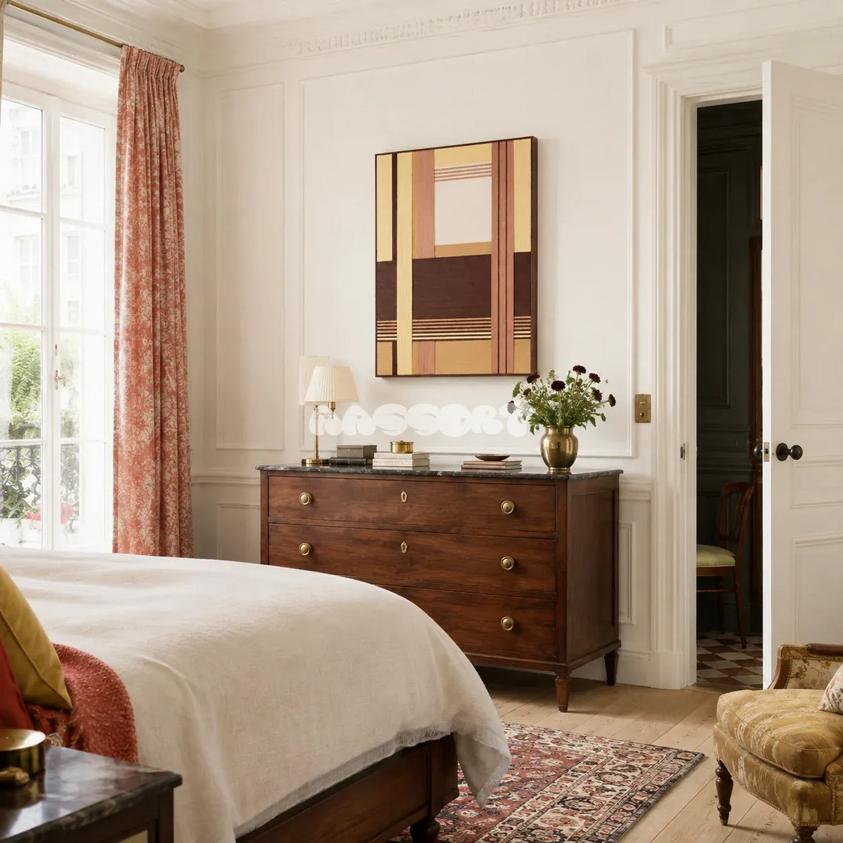 Rohmer RE014 neutral geometric textile wall art styled as a sophisticated focal point in a contemporary room.