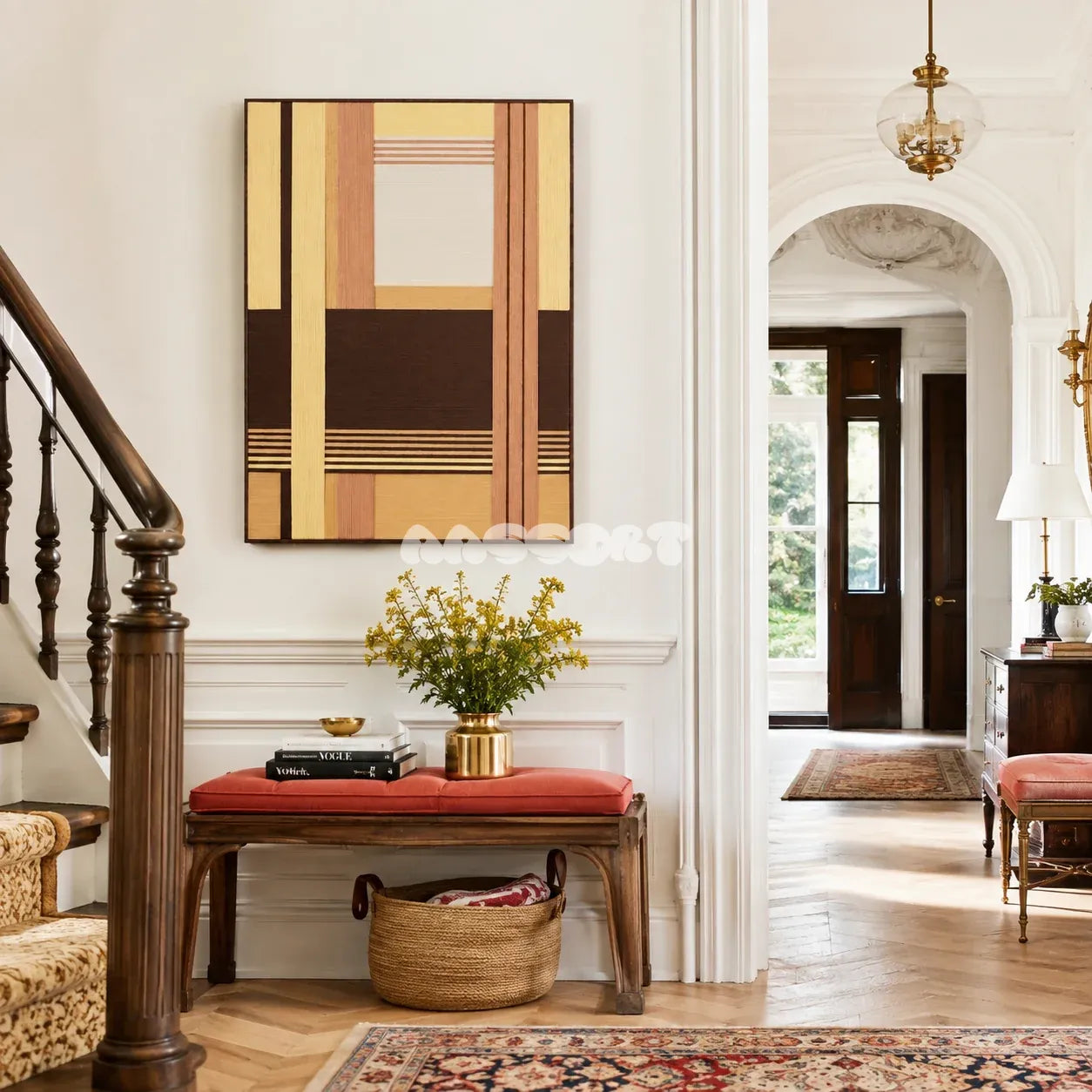 Rohmer RE014 framed fiber artwork featuring layered brown, tan, yellow, and cream yarn structures in a modern interior.