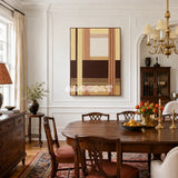 Rohmer RE014 abstract textile artwork with architectural neutral layers presented in a stylish contemporary interior.