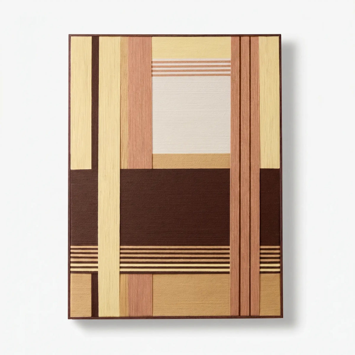 Front view of Rohmer RE014 brown, tan, yellow, and cream geometric textile wall art in a sleek frame on a white background.