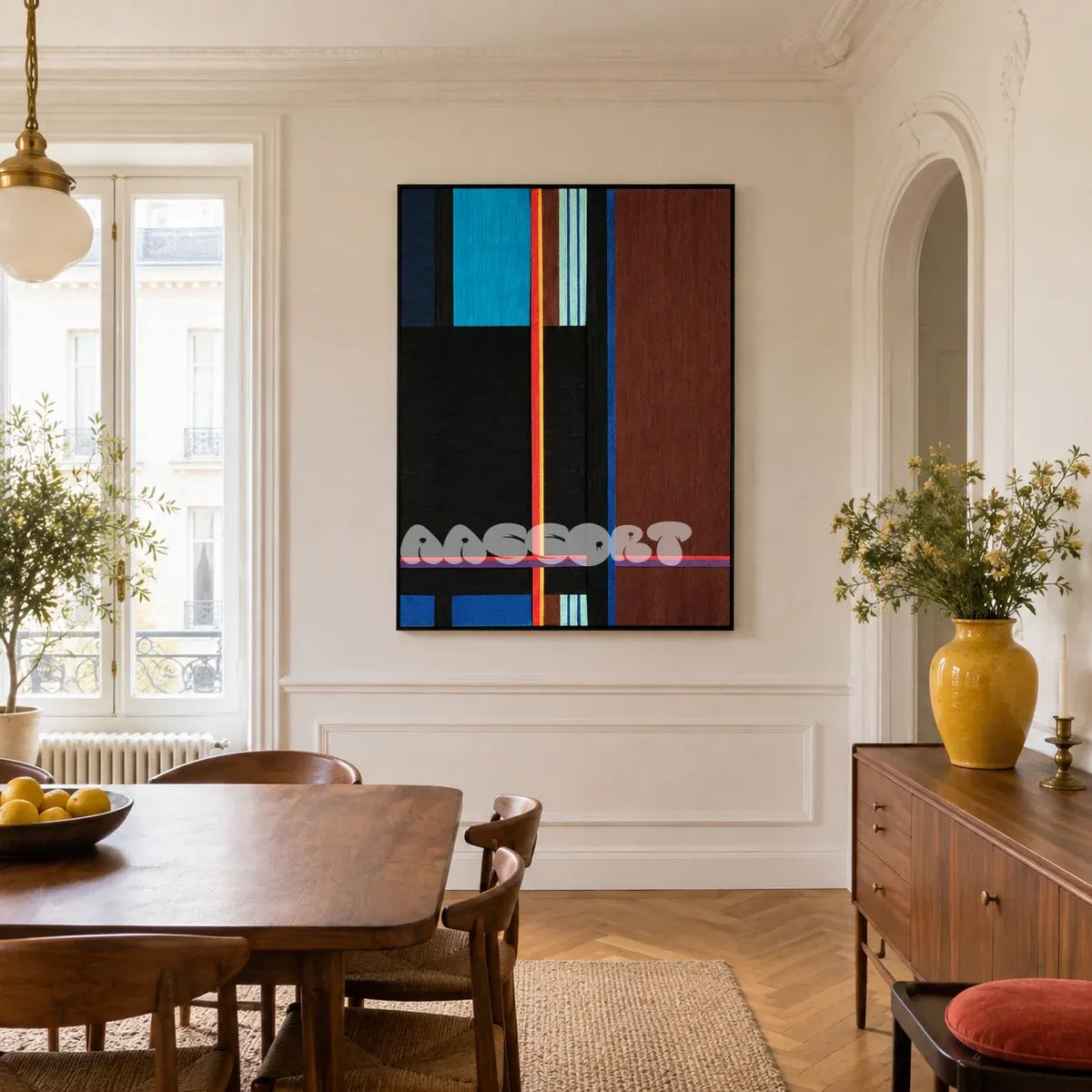 Blue Tide Night RE015 framed fiber artwork featuring royal blue, black-brown, and red woven-effect yarn blocks in a modern interior.