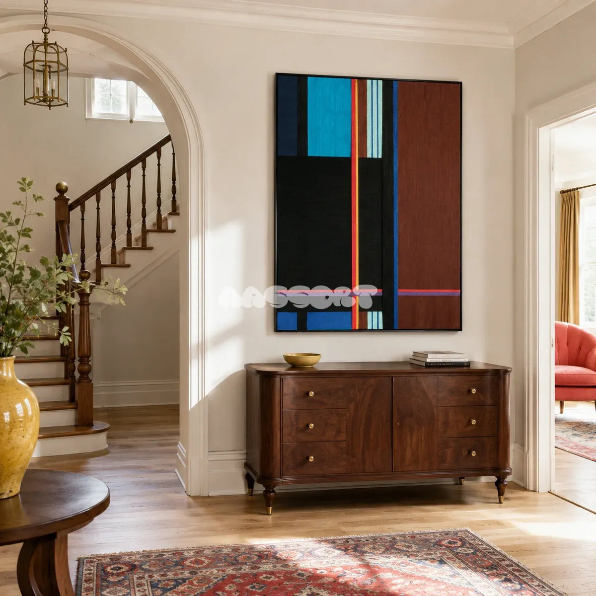 Blue Tide Night RE015 soft cotton cord wall art displayed in a refined home setting with deep ocean-inspired colors.