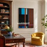 Blue Tide Night RE015 abstract textile artwork with rhythmic blue and dark woven blocks presented in a stylish contemporary interior.